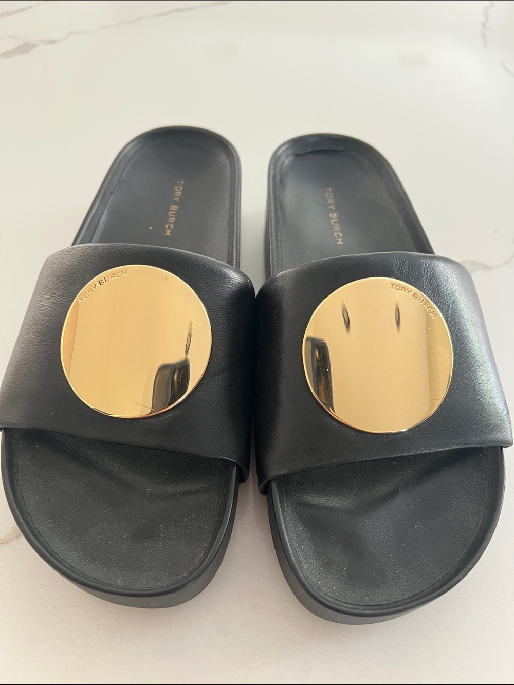 Tory Burch Black Slides with Gold Disc Hardware